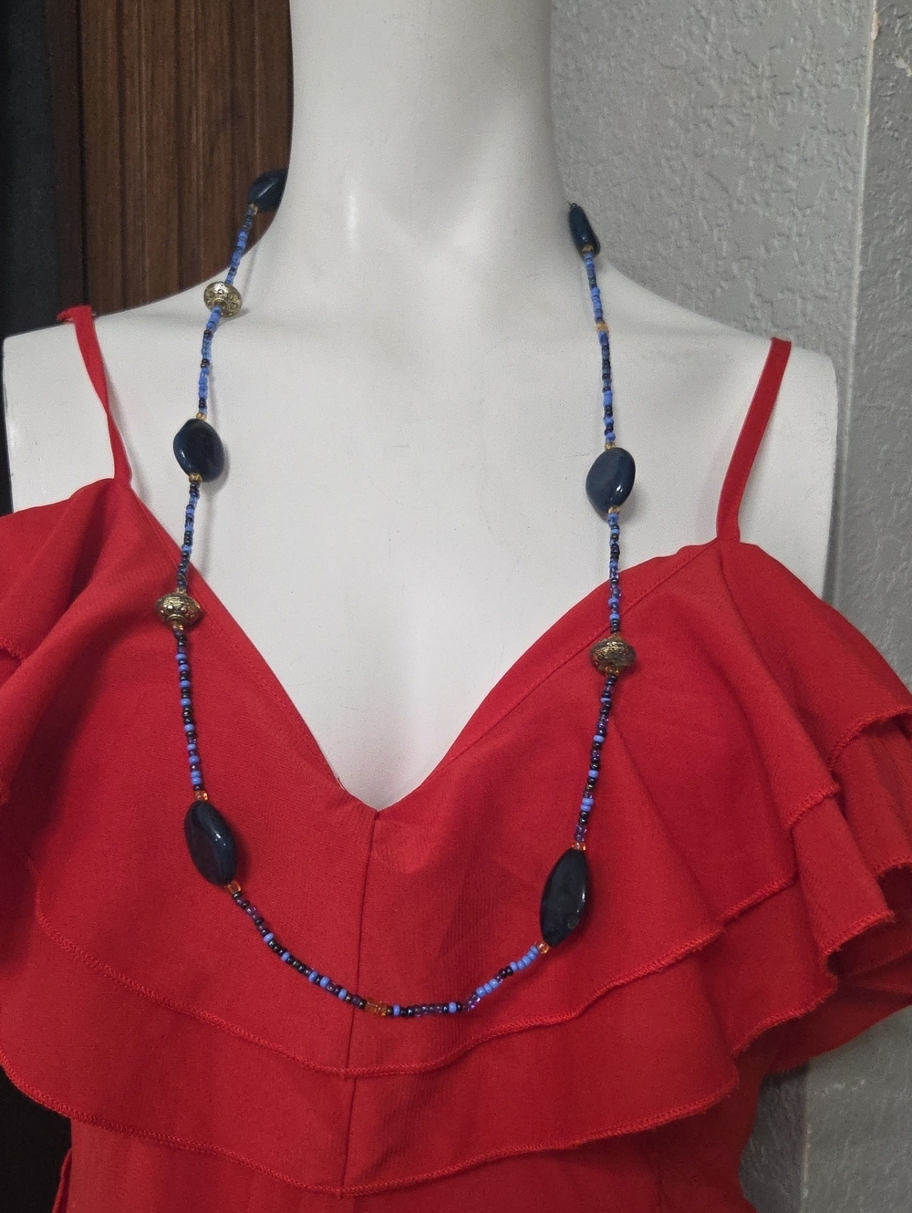 Hand Crafted Blue Beaded Necklace with Gold Accents